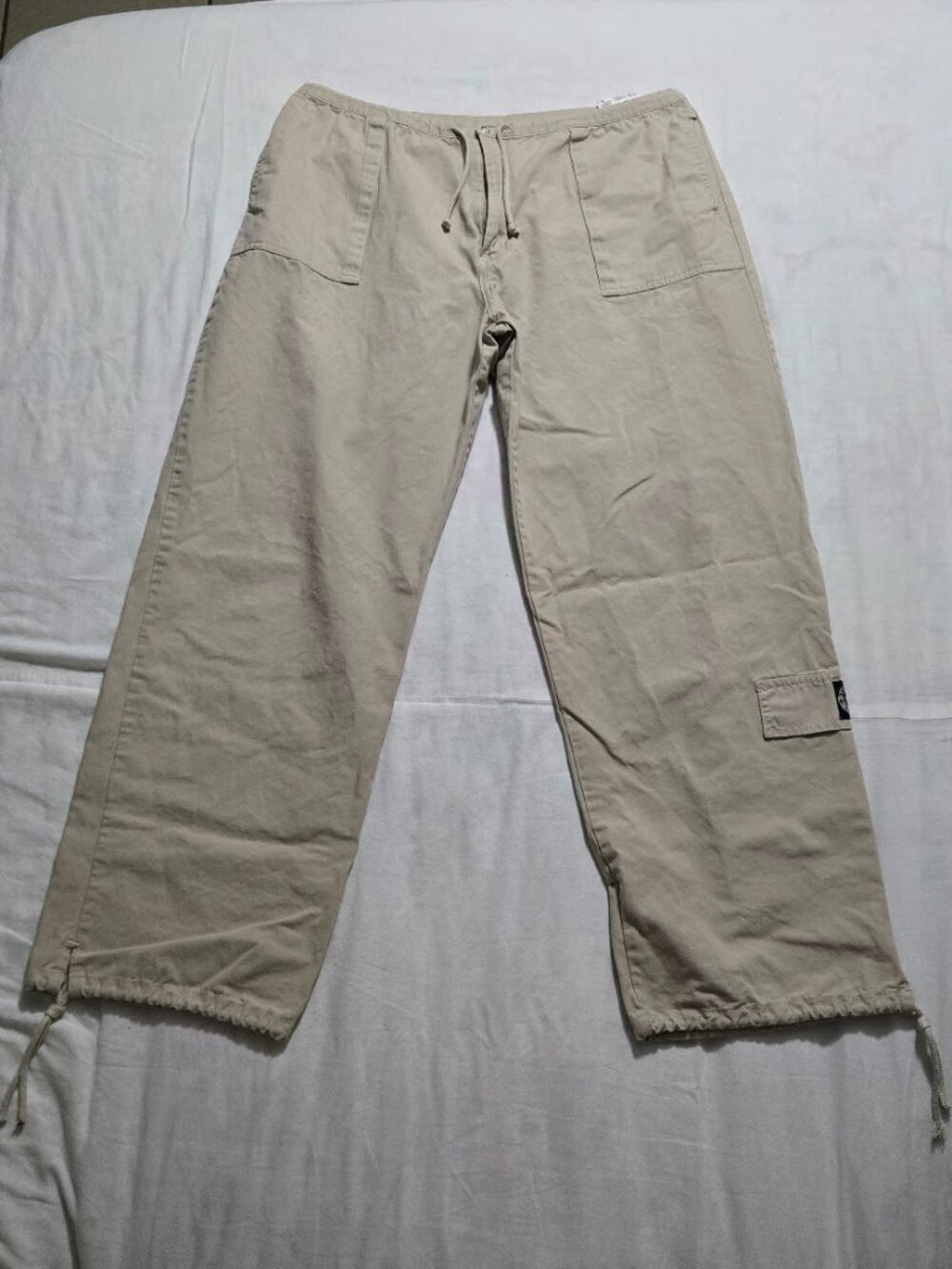 Vintage New Caro 100% Cotton Drawstring Parachute Cargo Pants Khaki 34 36